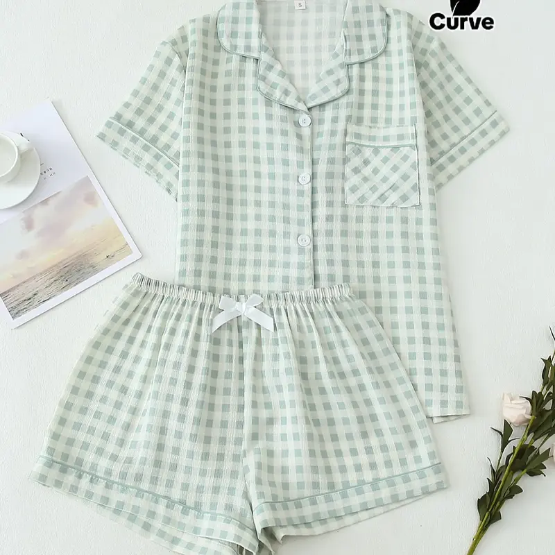 Women's Plus Size Plaid Fitted Pajama Set, Summer Short Sleeve Button Front Top & Bow Shorts, Casual Home Wear Loungewear Nightwear, Comfortable Lightweight Woven Fabric, Homewear, Pyjamas Set
