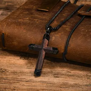 Men's Vintage Wooden Cross Pendant Necklace Stainless Steel Jewelry for Party Daily Wear Exquisite Gift for Birthday Valentine's Day