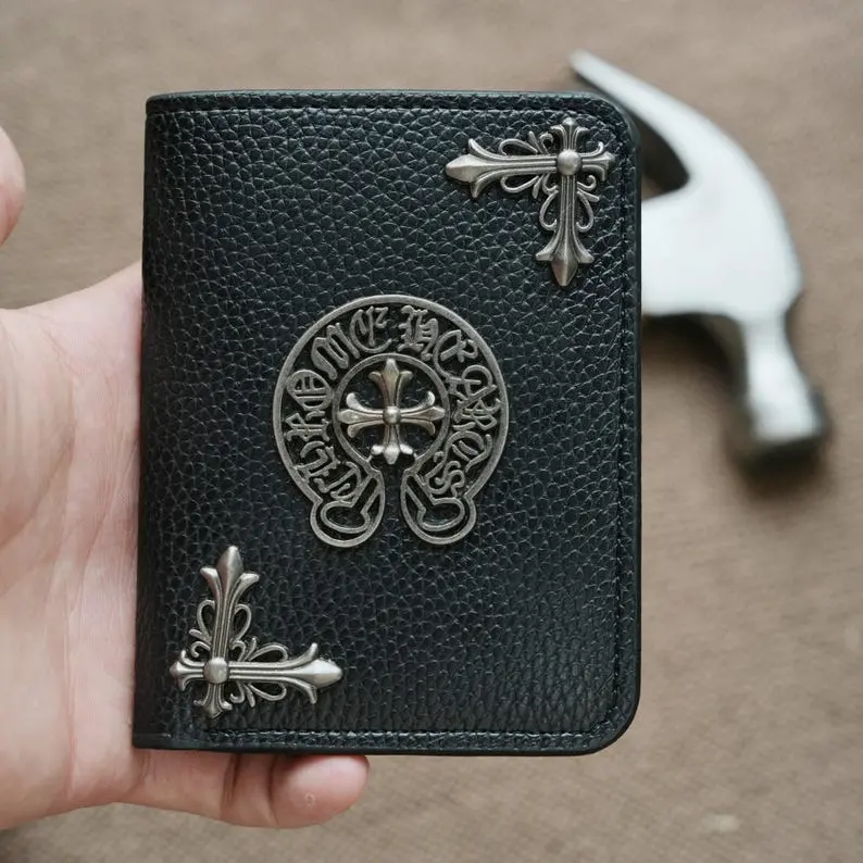 Gothic Style Men’s Bifold Wallet – Black Textured Wallet with Silver Cross Decorations, Cool Alternative Gift for Him