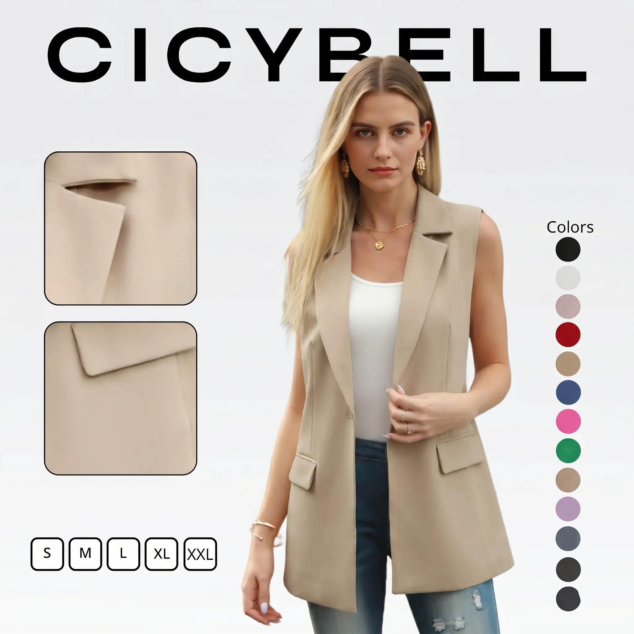 Cicy Bell Women's Sleeveless Blazer Vest Casual Open Front Single Button Summer Jacket with Pockets Cicy Bell Women's Sleeveless Blazer Vest Casual Open Front Single Button Summer Jacket with Pockets