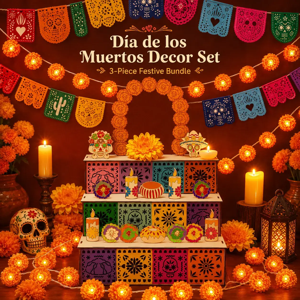 3-Piece Day of the Dead Decoration Set, Wooden Memorial Altar Photo Frame, 3M Marigold Flower String Lights and Colorful Hanging Banner, Memorial Party and Home Decor