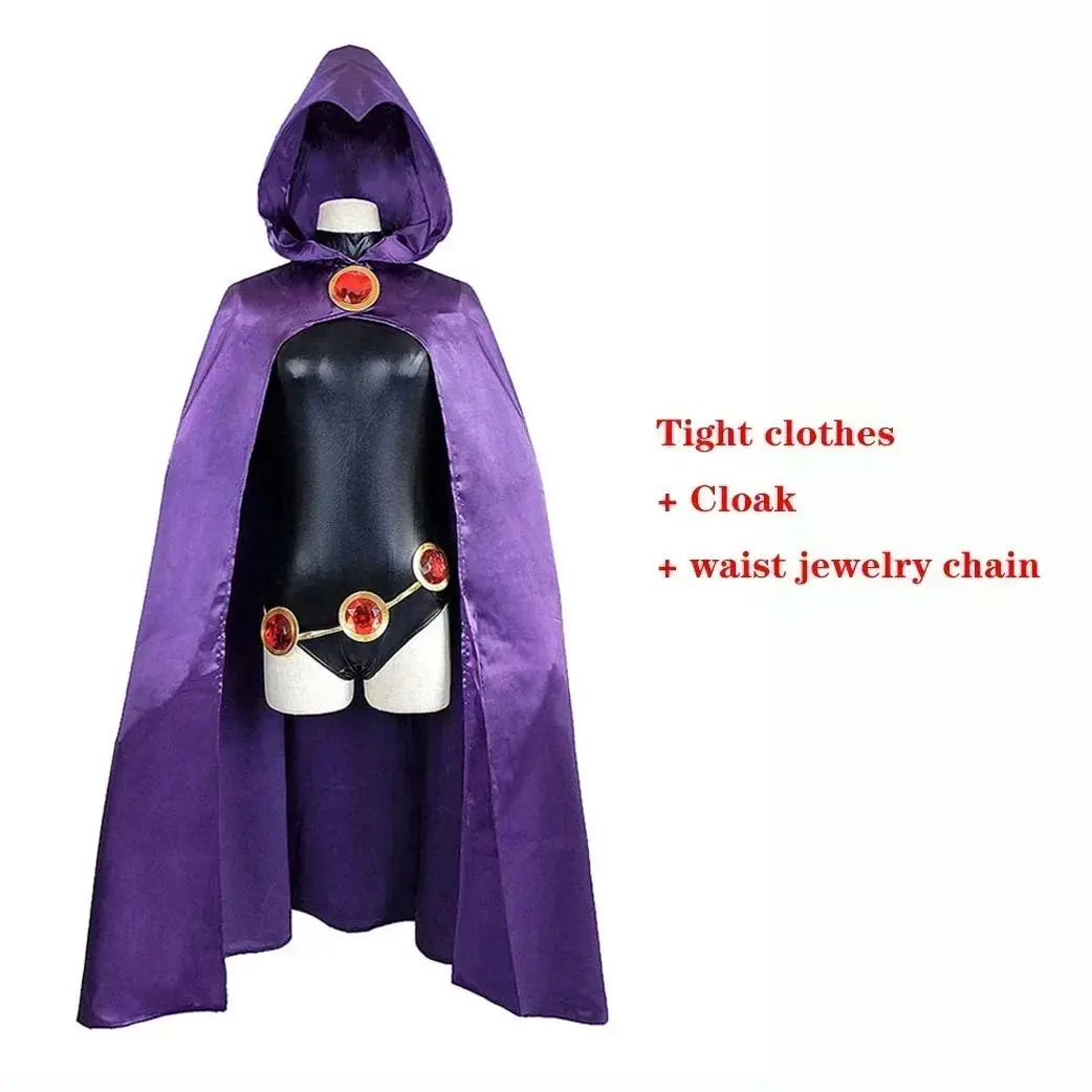 Teen Titans Raven Cosplay Costume Superhero Cloak Jumpsuits Zentai Halloween Tight clothes + Cape + waist jewelry chain