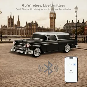 Vintage Style WS-1955 Vinyl Roof Car Design LED Speaker Retro Car Model with FM Radio Wireless Playback & Ambient Lights Universal Device Compatible