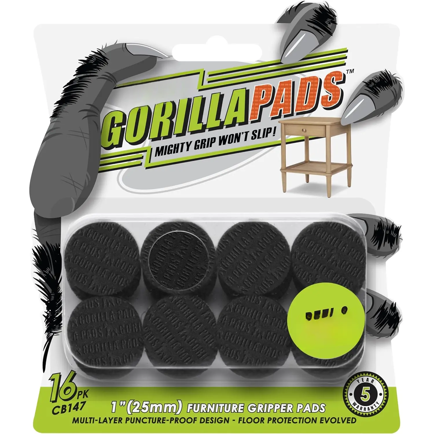 GorillaPads CB147 Non Slip Furniture Pads/Gripper  (Set of 16) Self Adhesive Rubber Floor Protectors, 1 inch Round, Black