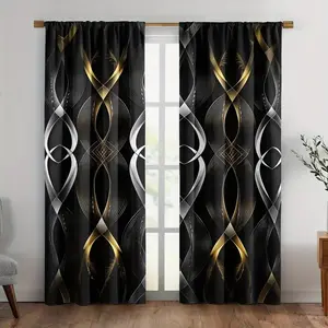 2pc black gold geometric line printed curtain and door curtain, with rod bag design. It is the perfect gift for friends and is suitable for home decoration in dormitories, bedrooms, living rooms, kitchens, dining rooms, study rooms, cafes, hotels,etc.