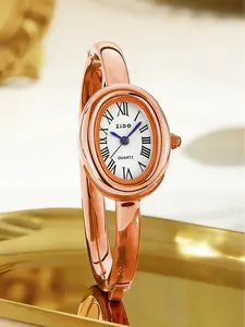 Vintage Oval Ladies Bracelet Watch, Polished Case, Roman Numeral Dial, Blue Hands, Alloy Band, Fashion Quartz Wristwatch