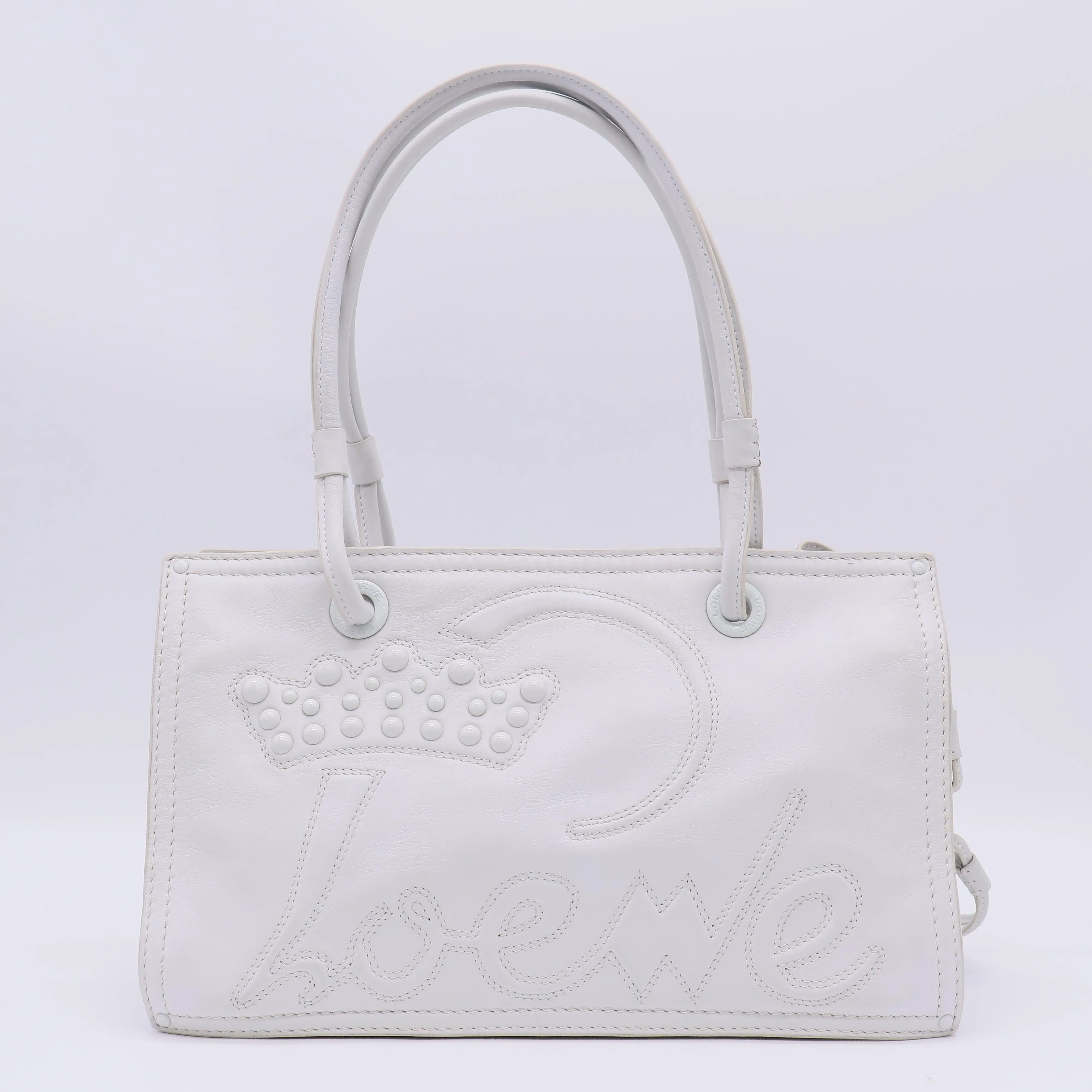 Pre-owned Loewe Leather Tote Bags Vintage Crown Studded Shopper Tote Bag White twins B23698