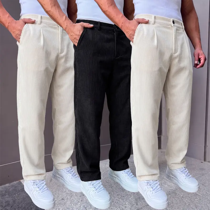 Menswear Retro-Style Versatile Corduroy Pleated Straight-Leg Pants - Loose Soft Plain Classic Stylish Casual Long Button-Fly Trousers for Autumn Winter Work Everyday Wear