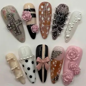 S106 Nailed by Vibe Soft Punk Pink Press-On Nails, 3D Bows, Spikes & Roses, Studded Cross & Polka Dot Art, Handcrafted Contrast Aesthetic, Gifts for Her