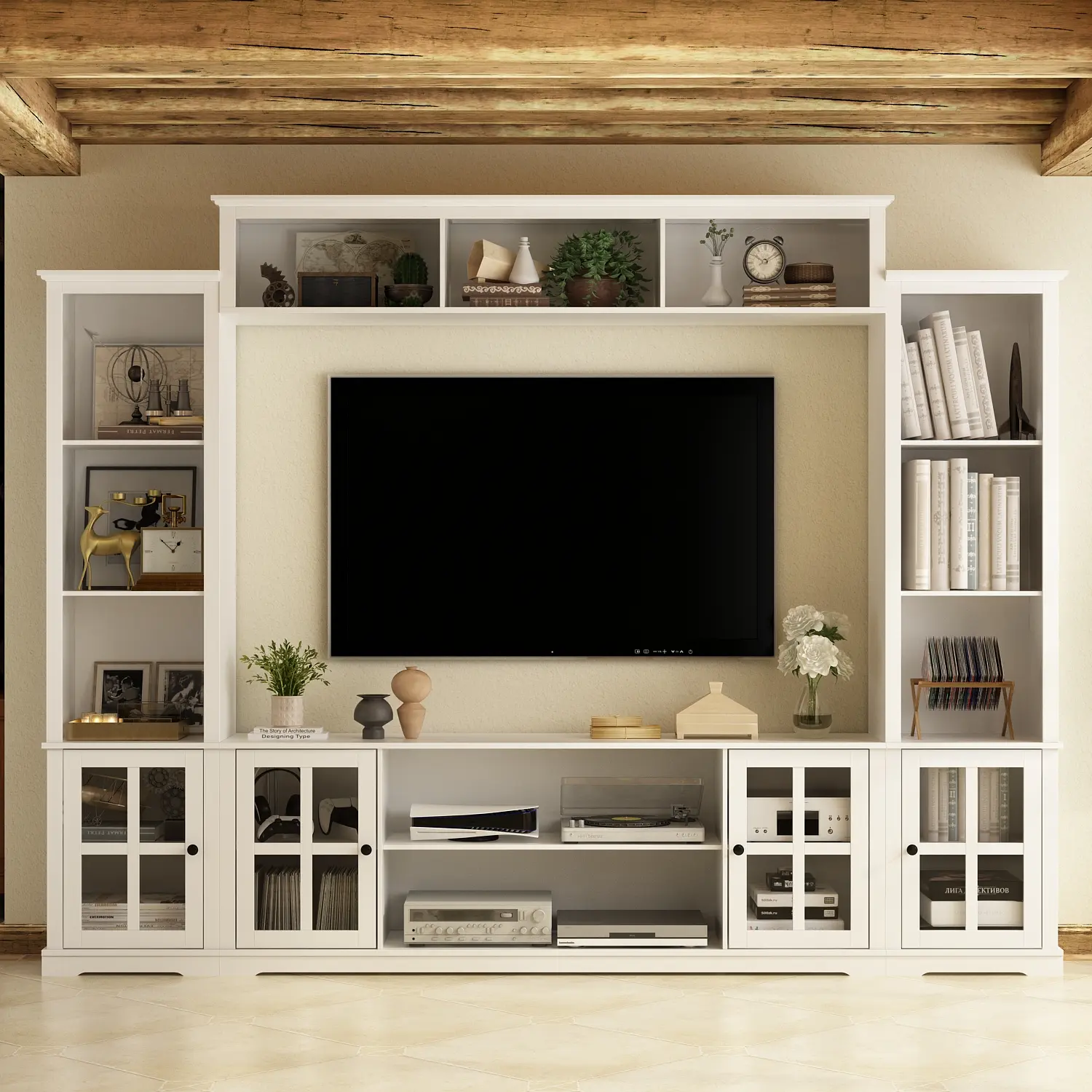 FUFU&GAGA 4-Piece Wall Unit TV Stand with Bookshelves for TVs up to 65" Modern TV Console Table Media Entertainment Center with Glass Doors 66.5"W x 14.2"D x 23.6"H