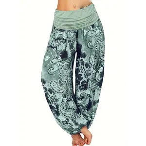 Plus Size Boho Harem Pants - Vintage Floral Print with Ruched Waist. Lightweight Khaki Fabric, Comfortable Baggy Fit for Vacation & All Seasons. | Bottoms Womenswear