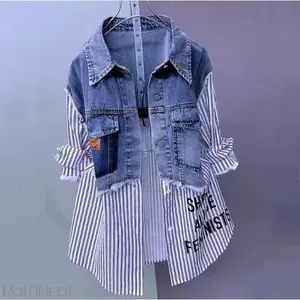Women Denim Jacket Fake Two Denim Shirts 2025 New Spring Summer Autumn Casual Fashion Joker Stitching Striped Tops Coat Female