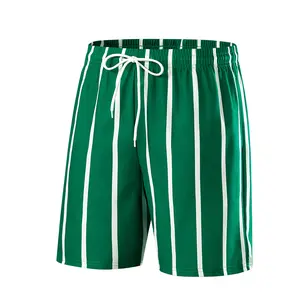 2026 Summer Men's Green Striped Board Shorts, Quick Dry Drawstring Beach Shorts, Casual Summer Swim Trunks