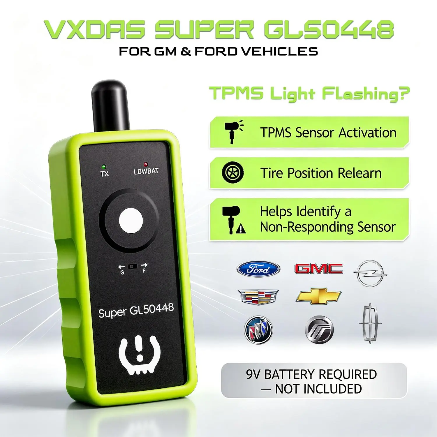 VXDAS Super GL50448 2-in-1 TPMS Relearn Tool for Ford/GM Vehicles - Green Edition, 1-Switch Activation for Chevy, Buick, GMC, Lincoln, Mazda Tire Sensor Reset