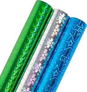 Lezakaa Holographic Foil Wrapping Paper - Mini Roll - Silver Snowflake/Blue Star/Green Geometric Pattern for Christmas, Holiday, Wedding, Birthday - 17 X 120 Inches - 3 Rolls (42.5 Sq.Ft.Ttl.) LeZakaa