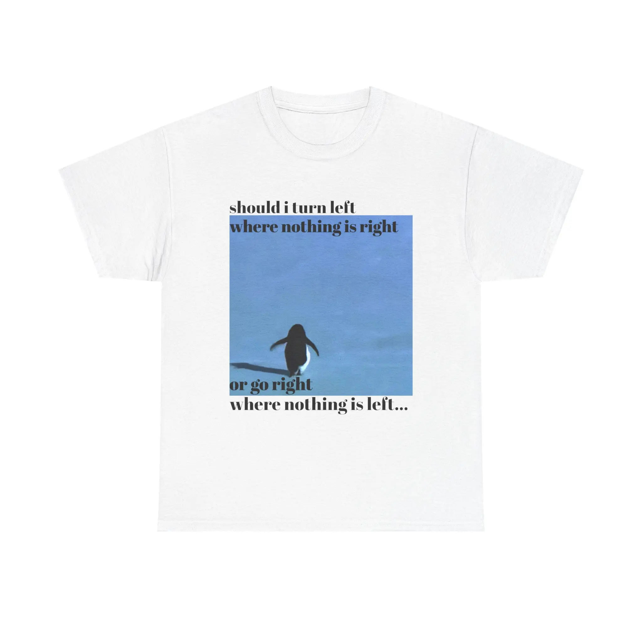 Penguin Silhouette Blue Square T-Shirt. Crew Neck Design, Unisex Fit.