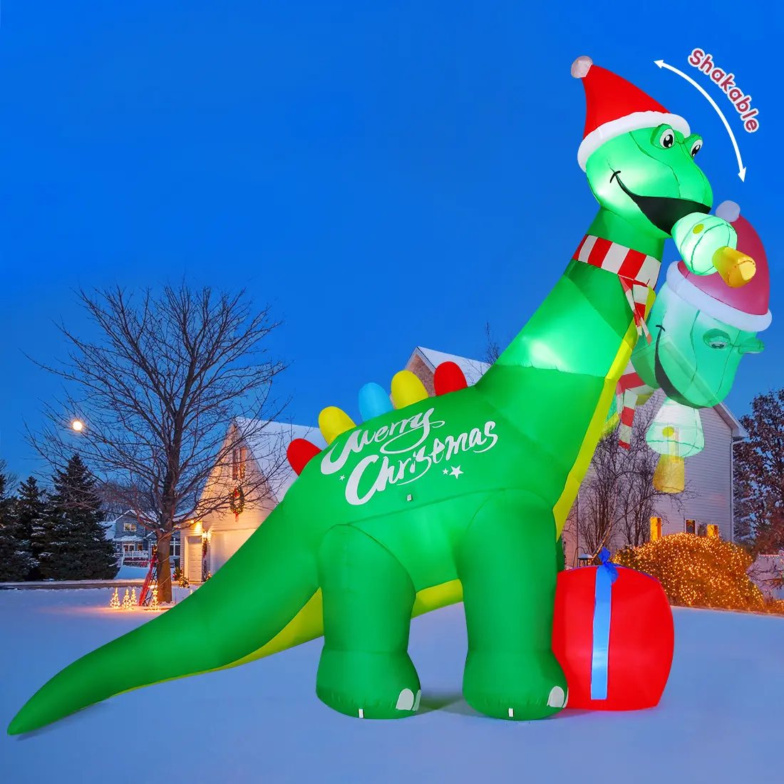 GOOSH 11.8 FT Lighted Colorful Polyester Christmas Inflatable Dinosaur, Secure Waterproof, Shakable Head, CE and UL-Certified Adapter, High-Performance Fan Inflates Quickly, LED Lights, Outdoor Holiday Season Decorations with Stake, Gift for All Ages