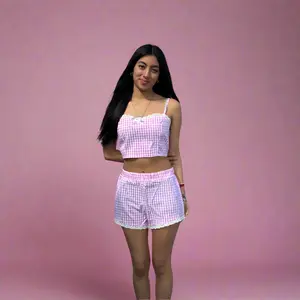 Sweetheart Set Lace - Soft Pink Gingham Print Two-Piece Set with Cropped Cami Top & High-Waisted Flowy Shorts, Dainty Lace Trim, Elastic, Womenswear