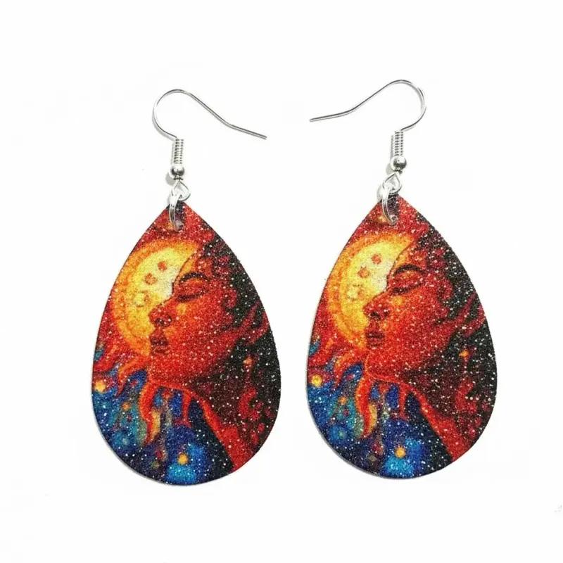 Celestial Sun & Moon Teardrop Earrings Glitter Faux Leather Sublimated Statement Handmade Lightweight Jewelry for Women