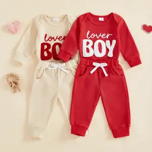 Toddler Baby Boy Valentine's Day Clothes Letter Lover Boy Embroidery Long Sleeve Romper Tops Waffle Long Pants 2Pcs Outfits Set