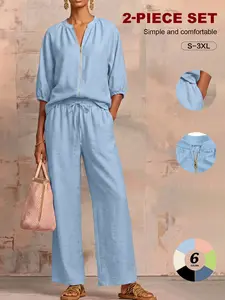Women's 2 Piece Linen Blend, Sexy Half Zip 3/4 Sleeve Top, High Waisted Wide Leg Pants, Summer Lightweight Tummy Control Casual Set