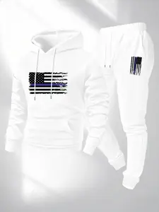 Men's Flag Print 2-Piece Set, Hooded Sweatshirt & Drawstring Pants, Soft Comfortable Loose Fit, Casual Fall Winter