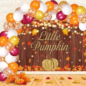 Fall Thanksgiving Yellow Orange Balloon Garland Arch Kit  with  Backdrop Banner Kit for Thanksgiving Baby Shower Party Decor Supplies