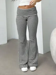 Women's Striped Flare Pants High Waisted Bell Bottoms Stretchy Ribbed Wide Leg Trousers Black and White Casual Streetwear Bottoms Retro 70s Style Elastic Waist Slim Fit Statement Knit Comfy TikTok Trendy Yoga Inspired Lounge Pants Boho Casual Trousers