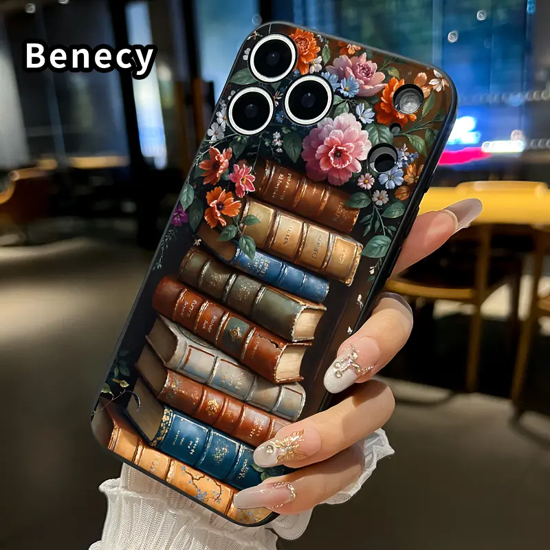 Floral Book Stack Pattern Straight Edge Phone Case for iPhone 17 15 16 14 Pro Max 13 12 11 XR XS Plus Air E Shockproof Drop Protection Rugged Durable Liquid Silicone Cover Cellphone Protective
