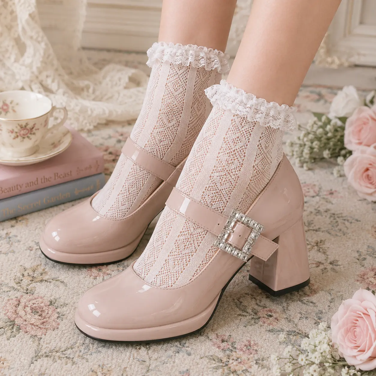 Belovely Women's Platform Mary Jane Pumps | Coquette Doll Style Square Toe Ankle Strap Chunky Heels | Wide Feet Friendly Office & Party Shoes Comfort Elegant