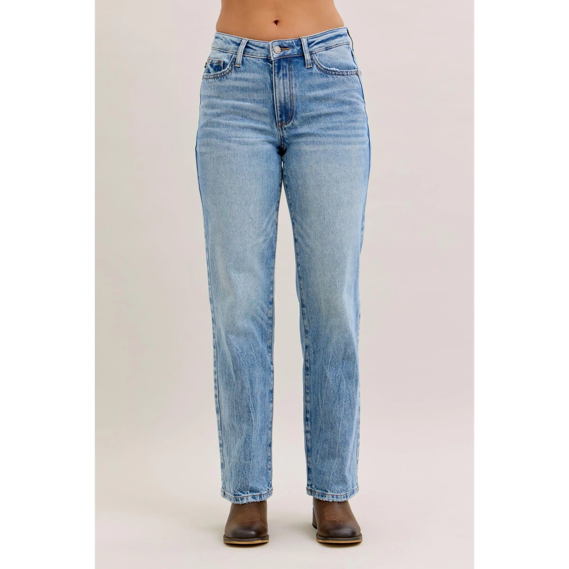 Judy Blue Lady's Mid-Rise Rigid Magic Straight Leg Jeans - Stretch Cotton-Spandex Fabric, Basic Style, Hip-Flattering, Pocket Design for Everyday Wear