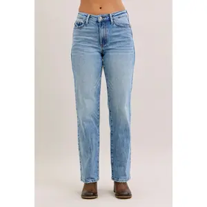 Judy Blue Mid Rise Rigid Magic Destroy Straight Denim Jeans 881060