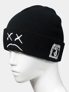 Sad Face Embroidery Beanie Hat, Fashion Knit Cap, Casual Skull Cap, Hip Hop Cuff Beanie, Embroidered Fitted Cap for Women Men