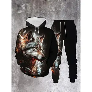 Men’s Wolf Print Hoodie & Sweatpants Set, Sporty Streetwear, Polyester Blend, Perfect for Spring & Fall Seasons