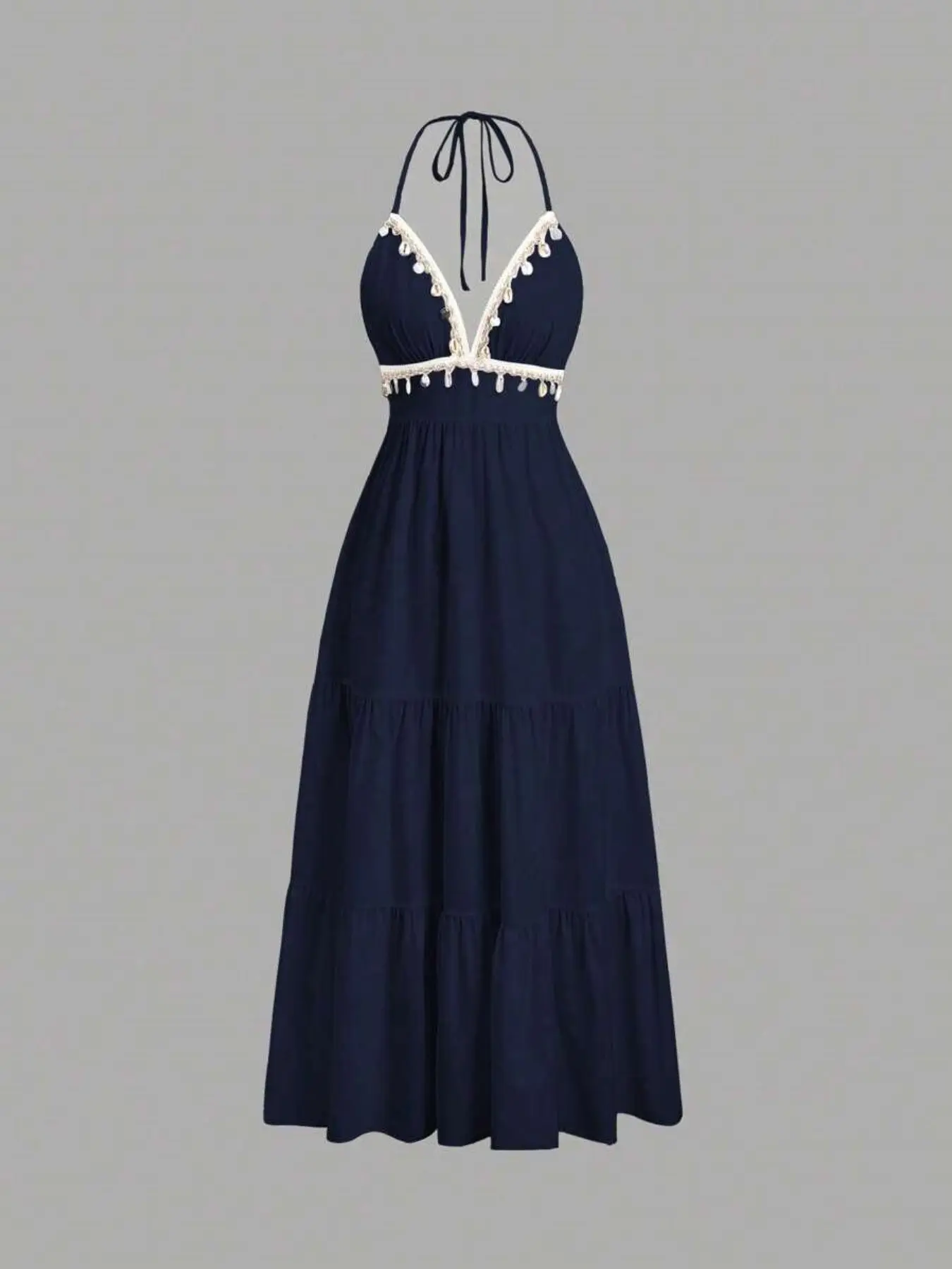 Women's Shell Decorated Tie Waist Halter Neck Midi Dress, Cute Elegant Mid-Length Dress with Shell Accents, Perfect for Casual, Special Occasions, Summer Evening Wear, formal wear, Womenswear, Lady