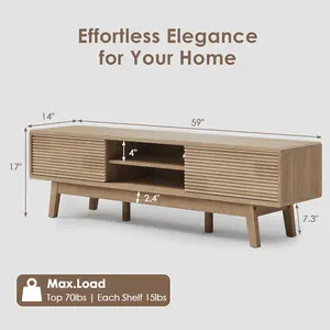 59" Mid Century Modern TV Stand, Low Profile Media Console with Fluted Sliding Doors for 55/60/65 Inch TV, Wooden Entertainment Center for Living Room, Bedroom (Oak, 59")