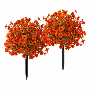Artificial Fall Flower Topiary Ball Tree with Ground Spike, 1/2 Pack Faux Autumn Flower Shrub, UV Resistant Outdoor Orange Flowers for Porch Patio Garden Yard Decor, Halloween Thanksgiving Decorations
