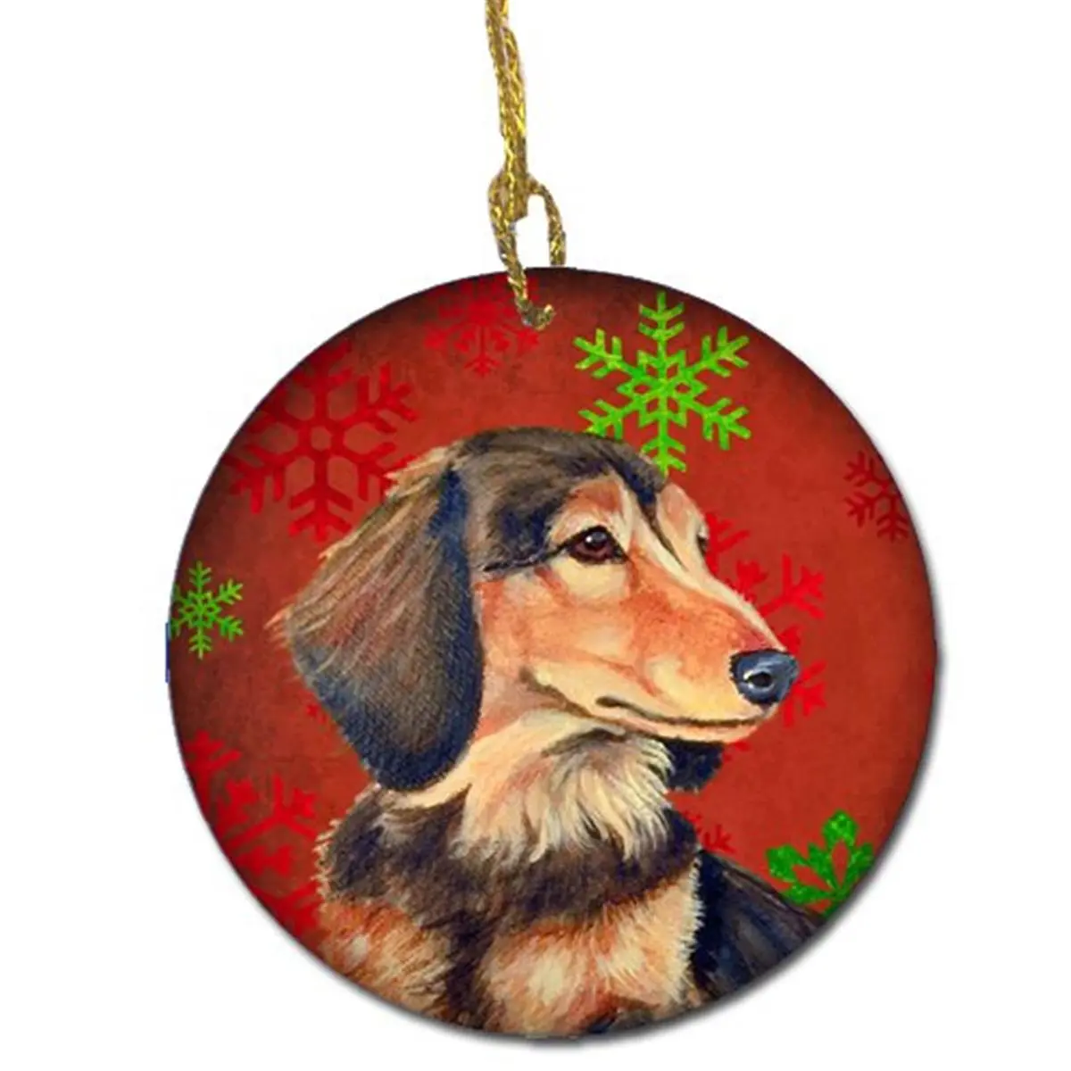 Dachshund Red Snowflake Ceramic Ornament, Customizable Lightweight Ceramics Decor, 2.81 x 0.15 x 2.81 in Festive Christmas Holiday Decor, Includes Gold Cord