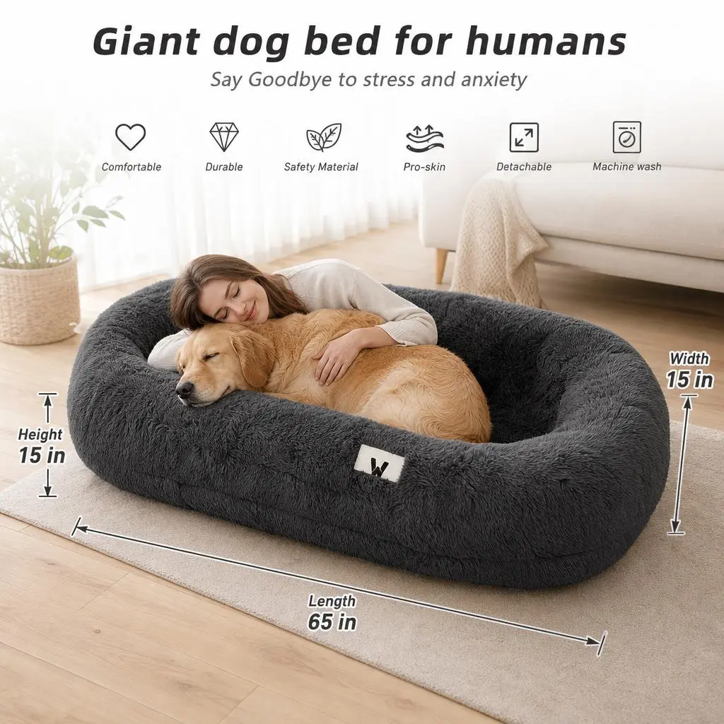 Human Dog Bed, Ultra-Soft Plush Giant Dog Bed with Egg Crate Foam, Non-Slip Base, and Machine Washable Cover - Ideal for Relaxation and Napping, Send blankets and pillows, Fits You & Pets