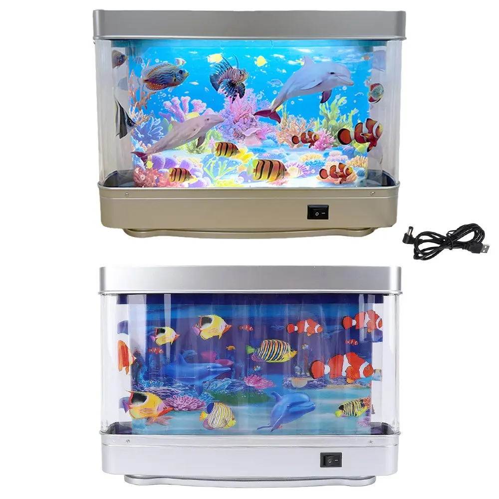New LED Aquarium Light, Fish Tank Lamp, with Dynamic Fish Shadows, Aquarium Sensory Calming Lamp, with Wall Shelf Display, Ocean Scene Decor Lamp for Bedroom, Living Room, Aquarium Decor, Switch Control Lighting