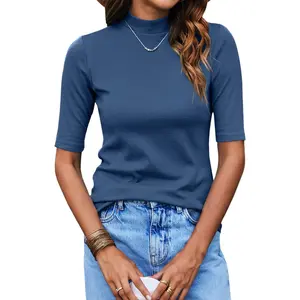 Minimalist Women Tops Half Sleeve Mock Turtleneck Tee Shirts Casual Slim Fit Basic Shirt Blouses