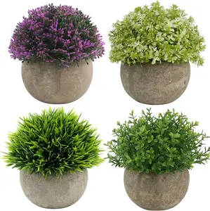 4PCS Mini Plastic Artificial Plants Grass in Pot/Small Artificial Faux Greenery/Mini Plants Topiary Shrubs Fake Plants for Bathroom, House Decorations