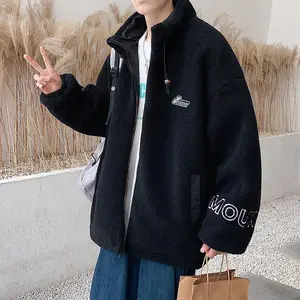 Men's lambskin stand collar embroidered warm jacket Large size loose casual fleece cotton jacket American street style letter embroidery fleece jacket
