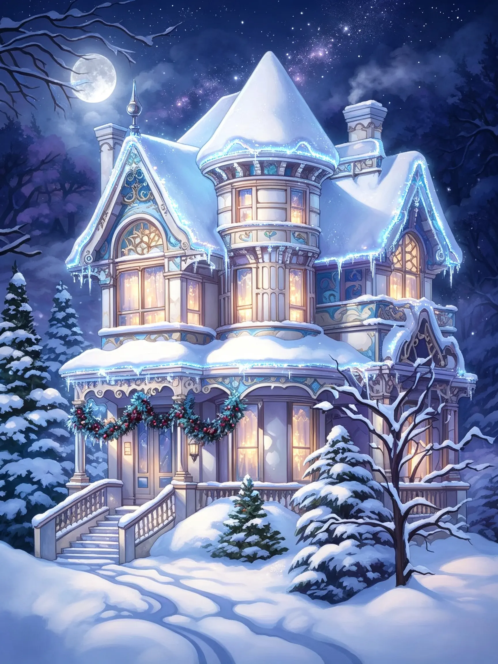 Crafting Round Diamond Painting Kit, Moonlit Snow Fantasy Mansion Design - 11.8"×15.7" DIY Needlework Toy & Hobby