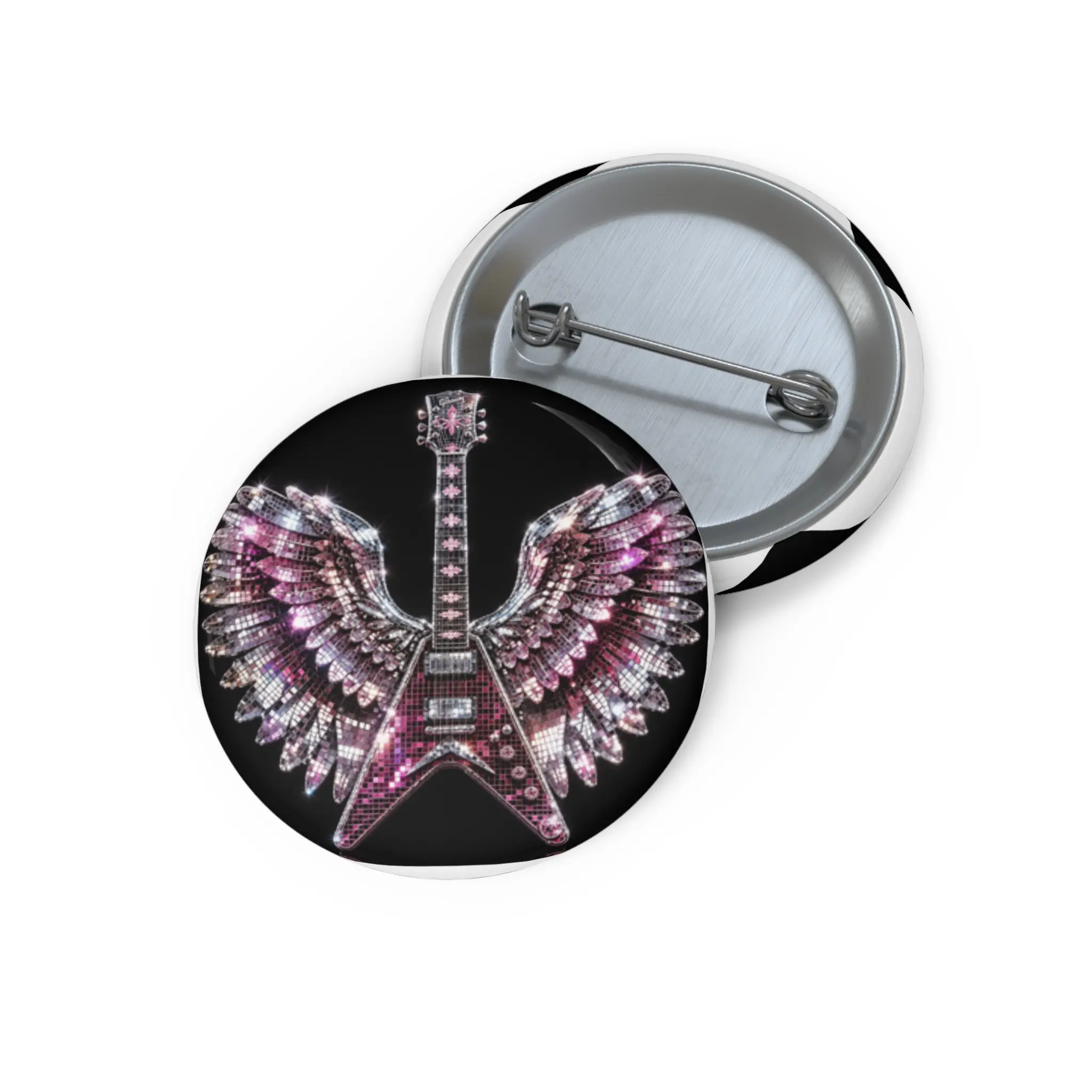 Pink Rhinestone Guitar with Wings Pin Button | Rock Music Badge