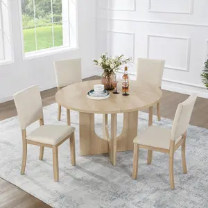 5-Piece Round Dining Table Set with 4 Bentwood+Fabric Upholstered Seats, 47.3 in Round Waterprooftop, Modern Indoor Furniture for Kitchen, Living Room (Light Oak & Beige or Antique Black & Beige)
