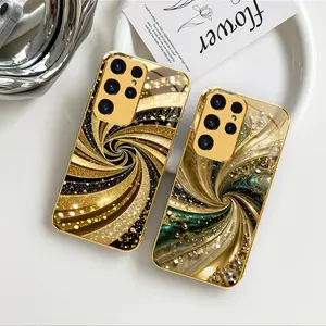 Luxury Gold-Plated Edge Case Liquid Swirl Glitter Glass Cover for Galaxy S23 Ultra ---975