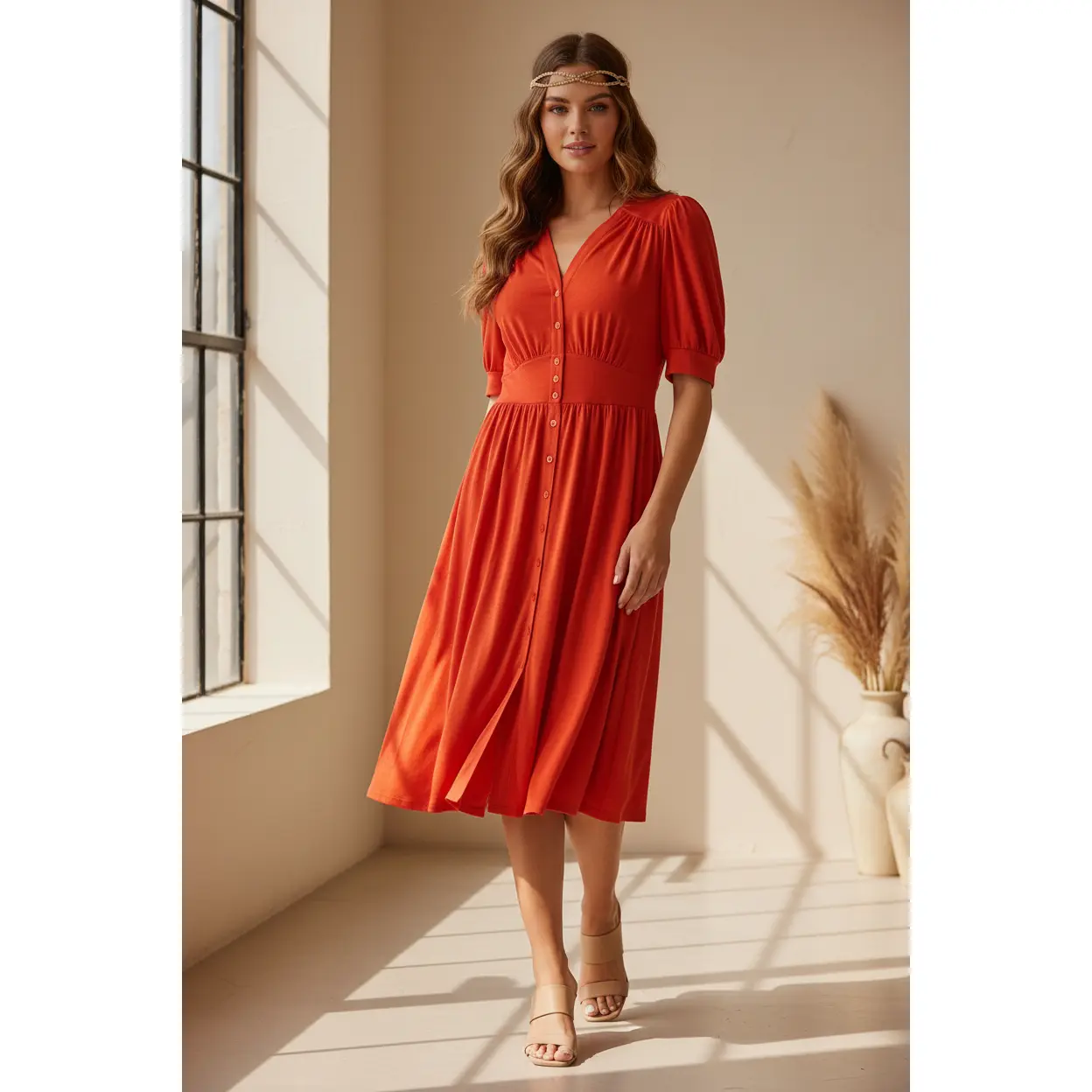 Women's Elegant Solid Cherry Tomato Red Casual Dress, Spandex-Sheer Elastic Fabric