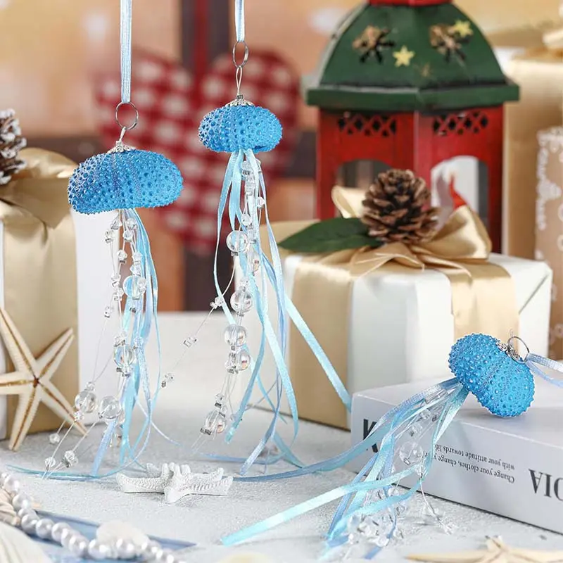Whimsical Natural Shell Jellyfish-Shaped Hangable Ornament - Hanging Sea Urchin Craft with Gift Box, 18x2-3cm, 3 Combinations, Mediterranean Style, Valentines Day Gift, Festive Room Decor for Trees & All Seasons Home Use