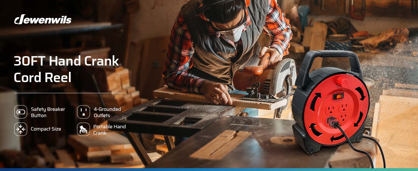 DEWENWILS 30ft Retractable Extension Cord Reel 13A/125V 16/3C SJTW Black Cable 4 Outlets with Circuit Breakers & Power Switch LED for Indoor/Outdoor Use HCRB30B